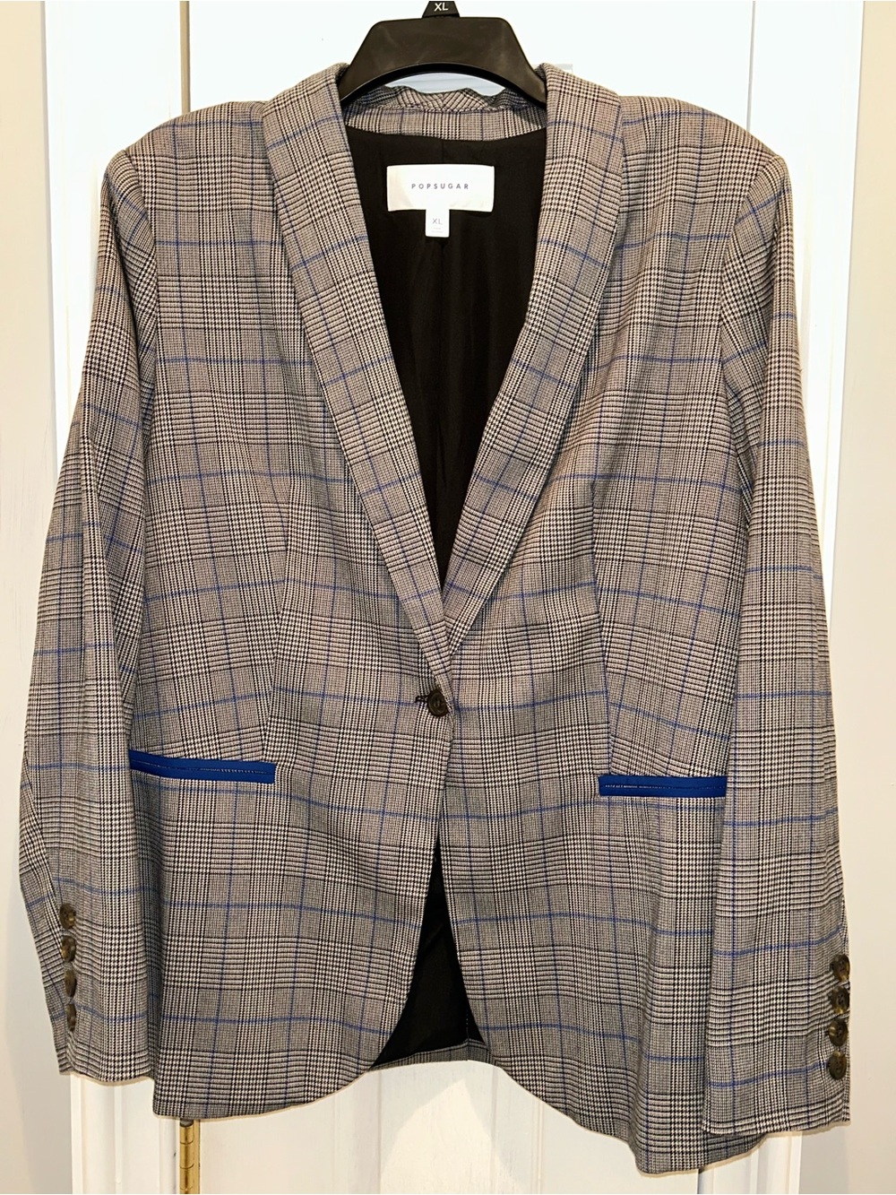 POPSUGAR Gray Plaid Blazer with Blue Trim Accents XL